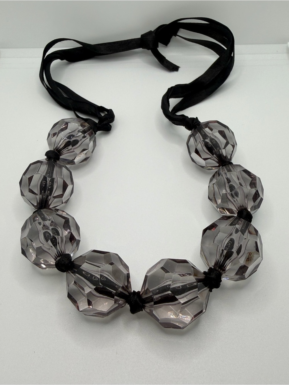 Faceted Smoke Gray Beaded Ribbon Necklace
